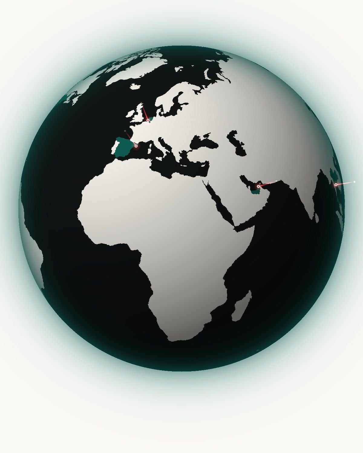 Dotted globe in duotone viridian on warm paper, marking the team's locations in the Netherlands, Spain, the Middle East, the United States, and Thailand