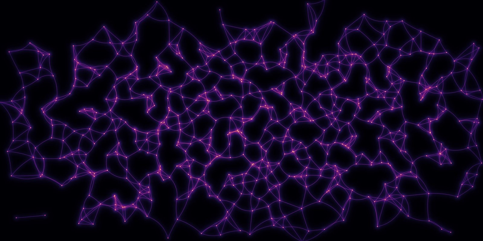A hydrogel network — cross-linked fibres and glowing nodes in violet and amber on a dark ground