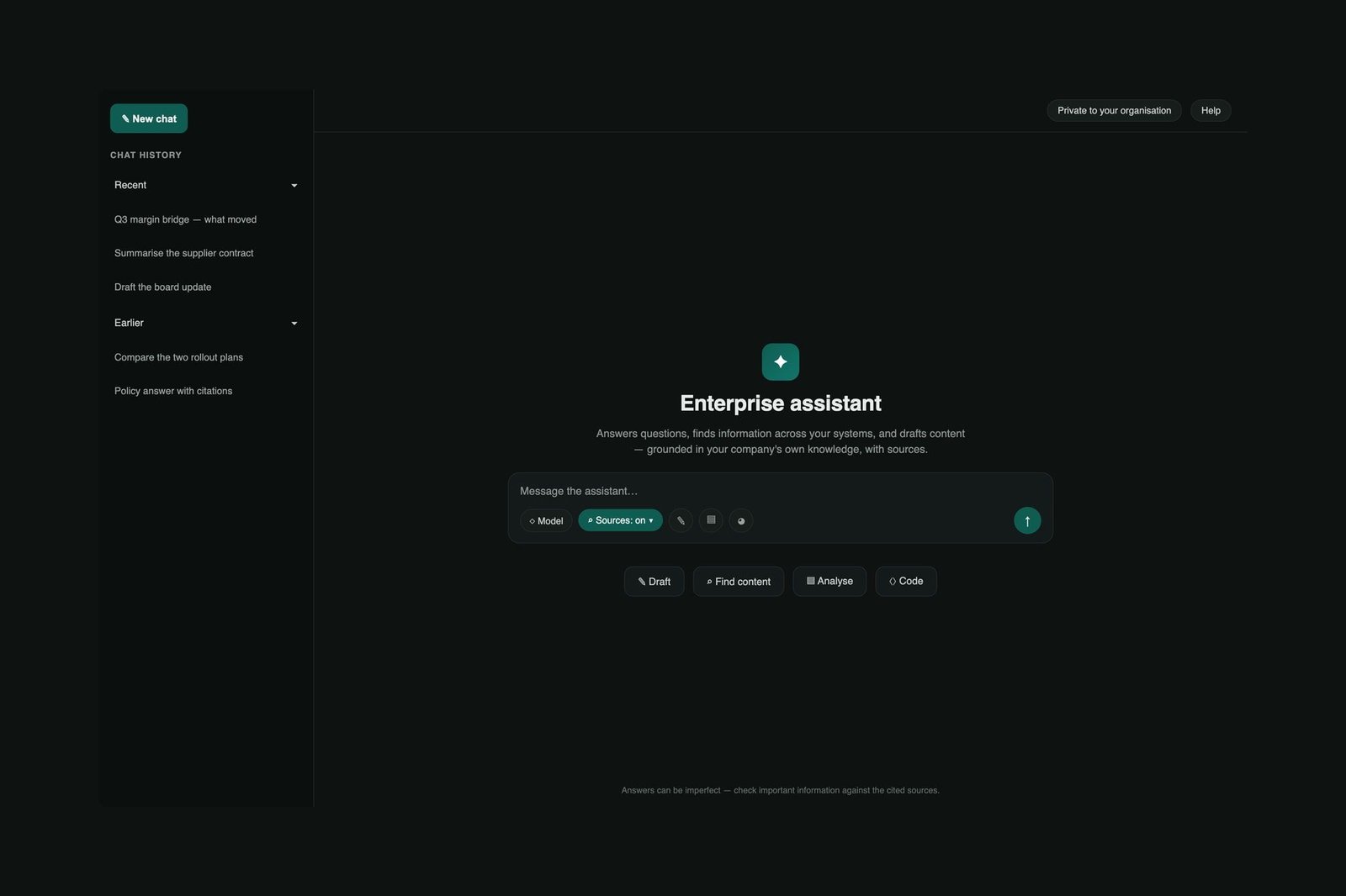 A de-identified enterprise AI assistant: chat history sidebar, model and sources controls, and quick actions